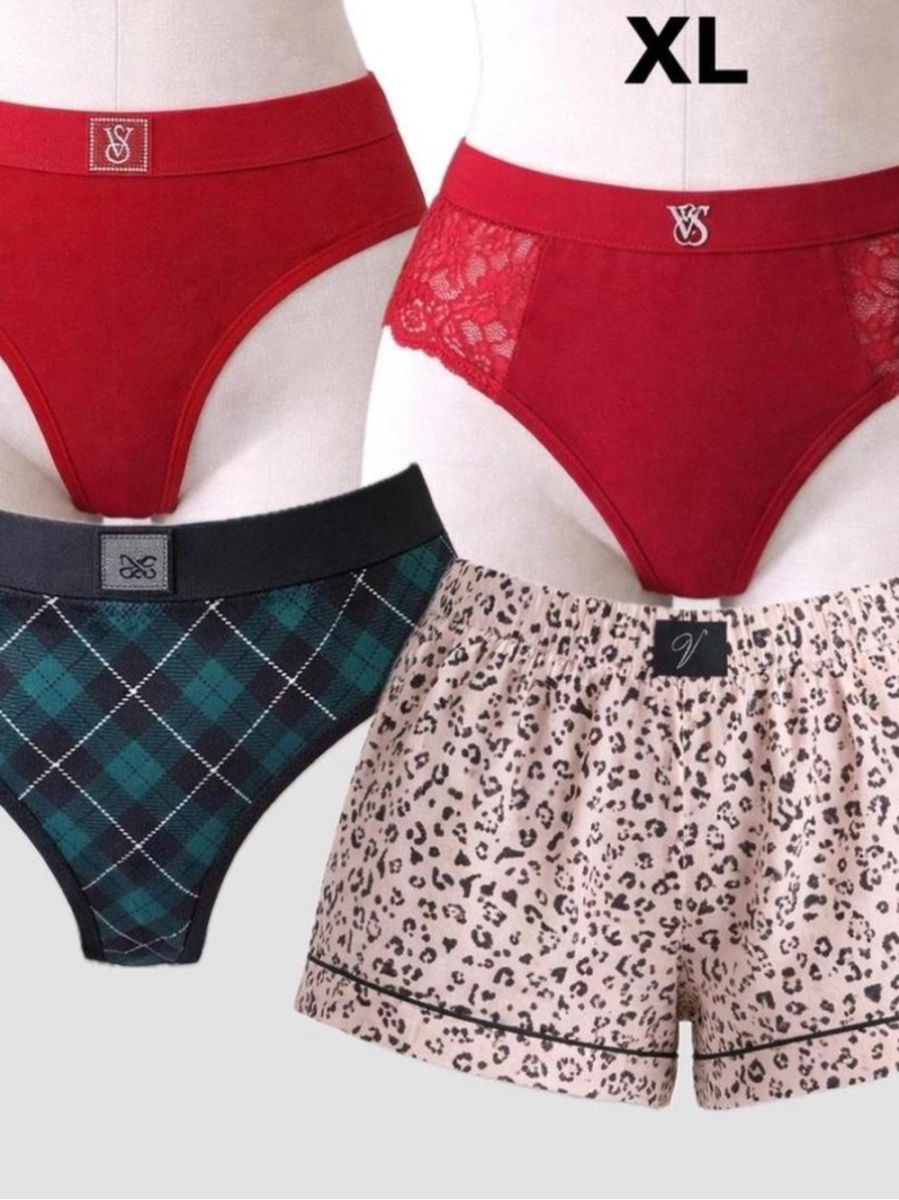 VS Red Lace & Plaid Bikini + Leopard Sleep Shorts Set